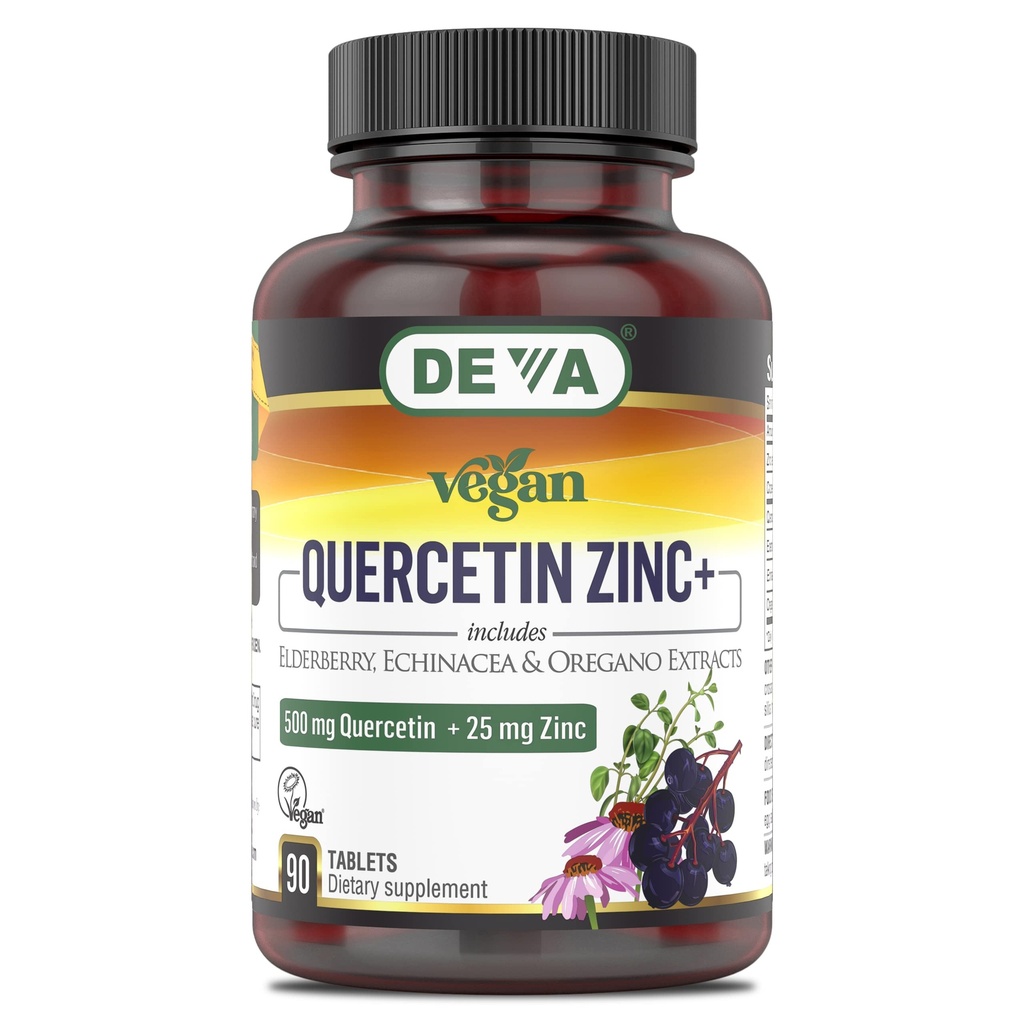 DEVA VAGAN Quercetin 500mg + 25mg 锌 配有长老莓, Echinacea 和 Oregano 提取物 - 无动物成份 - 90 片, 1-Pack