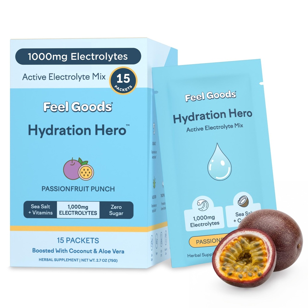 感受货物水化英雄,1000mg 电解石粉,无糖,镁,有机Aloe Vera,L Theanine,Vitamin C & B12,Keto,Vegan,电解石包,Passion 水果冲锋,15 Counter