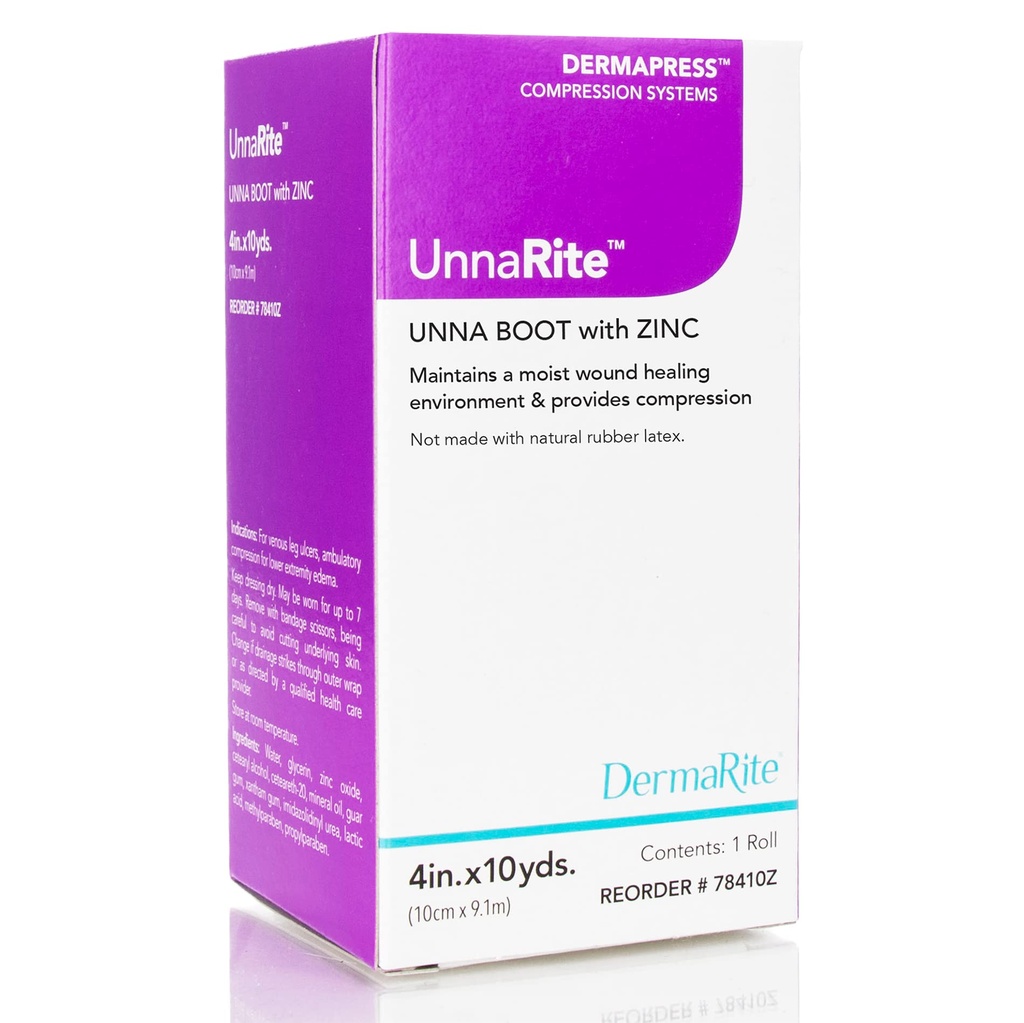 DermaRite的UnnaRite C Unna Boot,配有锌氧化物 - 湿润的疗伤和温柔的压抑,用于 Venous Leg Ulcers - 4 in.x 10 yds., 1卷