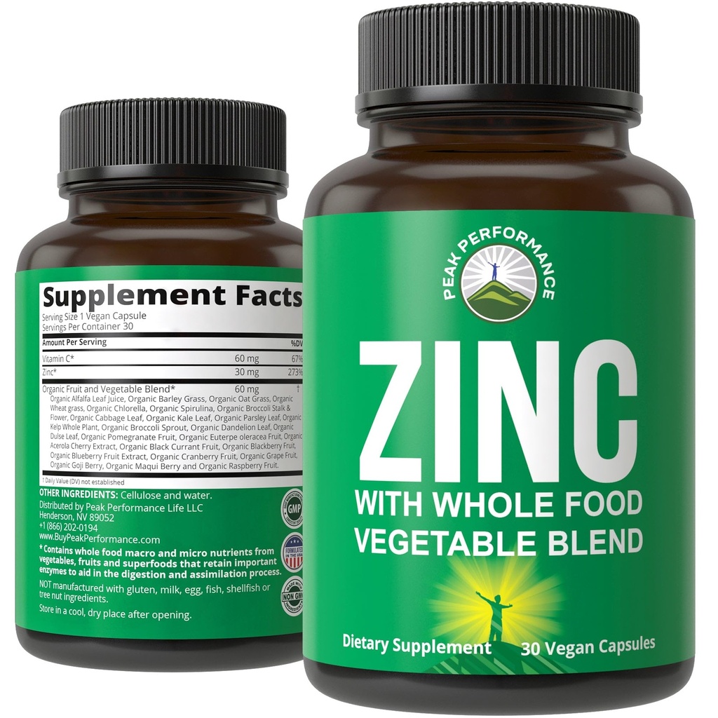 Vegan Zinc 配有维生素C+全食混合剂25种蔬菜和水果用于Max Absociation. 锌补充30mg卡普尔、药片、药片、成人维生素,男女