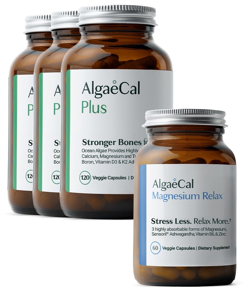ALGAECAL 骨质密度和强度的有机红藻钙补充剂,维生素K2 MK7,维生素D3,镁和痕量矿物,120 Veggie Caps Magnesium RelaxTM(60 Caps)