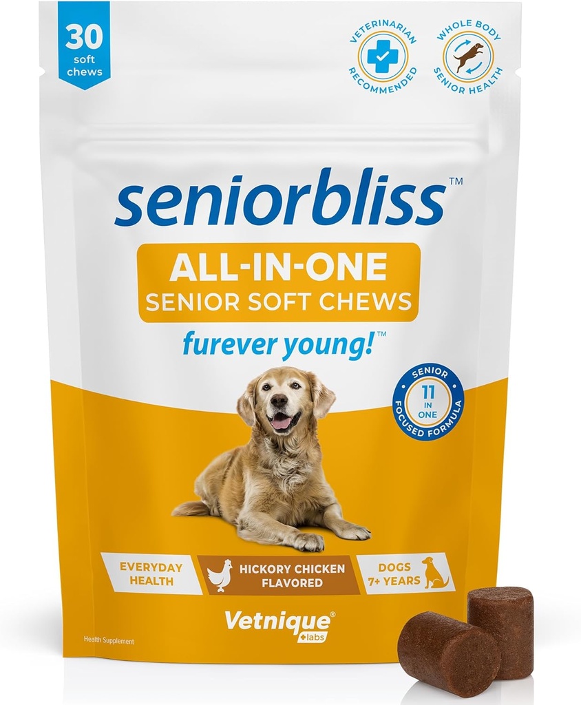 Vetnique Seniorbliss Senior Dog Multivitamin with Glucosamine, Omega 3 Fish Oil, and Probiotics - for Dog Joints, Digestive and Immune Support for Optimal Health (All-in-One Daily Vitamin, 30 Ct)