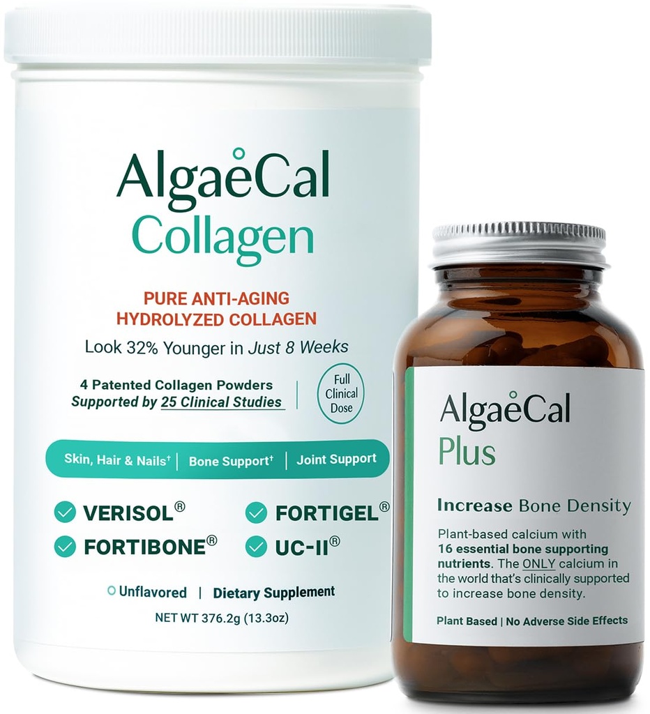 ALGAECAL 钙和Collagen Bundle – 水解Collagen 与临床支持的Verisol, Fortibone & Fortigel, + 维生素D3, K2, 镁和跟踪矿物用于骨质健康和抗衰老