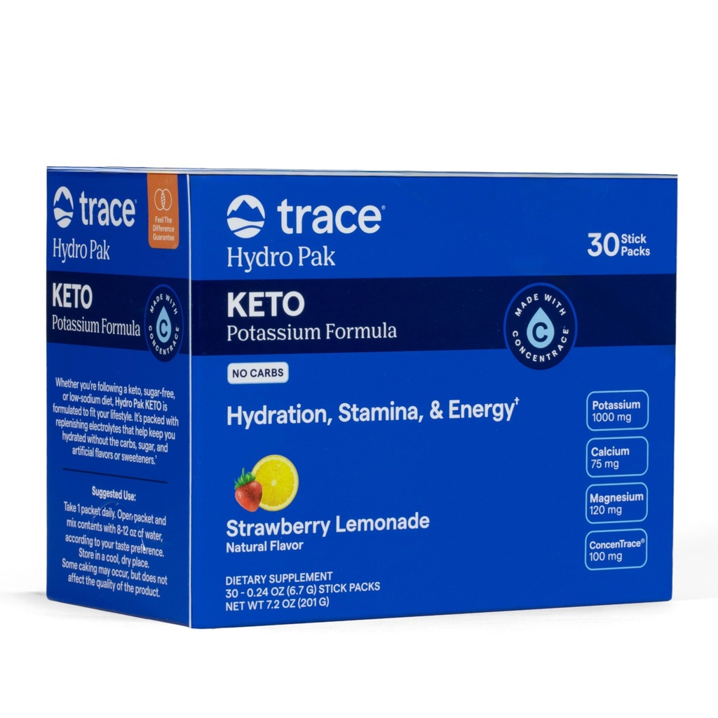 追踪矿物 Pak Keto 水 - 电解液补充 饮料混合剂 – 1000 mg 钾+ 70 支持 能源, Stamina, & 水分 – 草莓柠檬汁 Flavor – 30 services