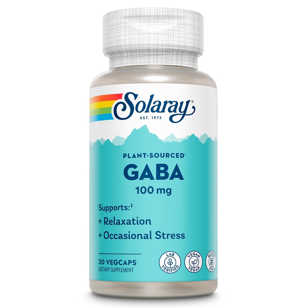 SOLARAY Plant-来源 GABA 100 mg - 来自发酵的Barley的放松、偶尔压力和木质支持补充剂 - Vegan,Gluten Free - 60天保证 - 30名服务员,30名Veg Caps