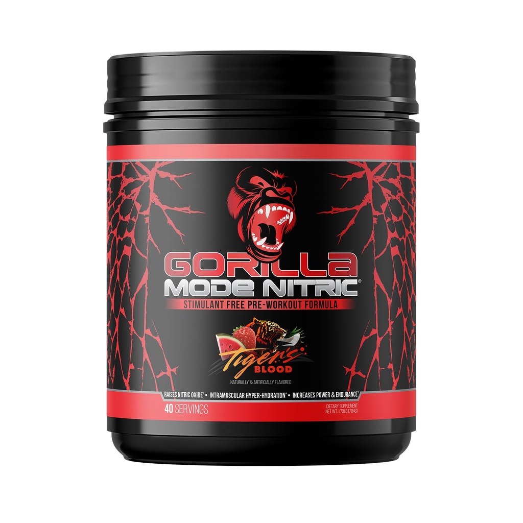 Gorilla Mode Nitric 升级的无兴奋剂预选赛——最佳口味和最有效的无兴奋剂预选赛/大规模泵 / Vasodilation / Power / 784 grams(虎血)