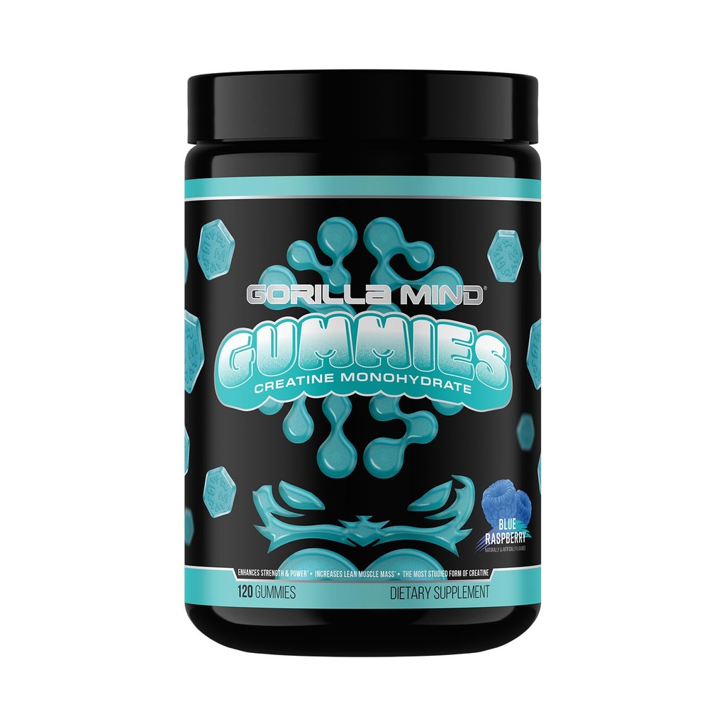 Gorilla Mind Creatine Gummys - 第三方 HPLC 测试 → 5g Creapure → Creatine Monohydrate → 验证可能性和纯度 → 力量 → 力量 → 精益肌肉 → 没有添加糖 → 蓝莓 火焰