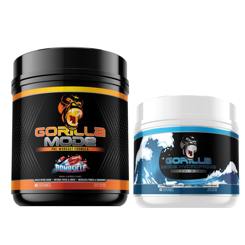 Gorilla Mode Pre Workout (Bombsicle) + HydroPrime Glycerol Pre Workout - 超高速、泵、动力、耐力和热调节的综合堆栈