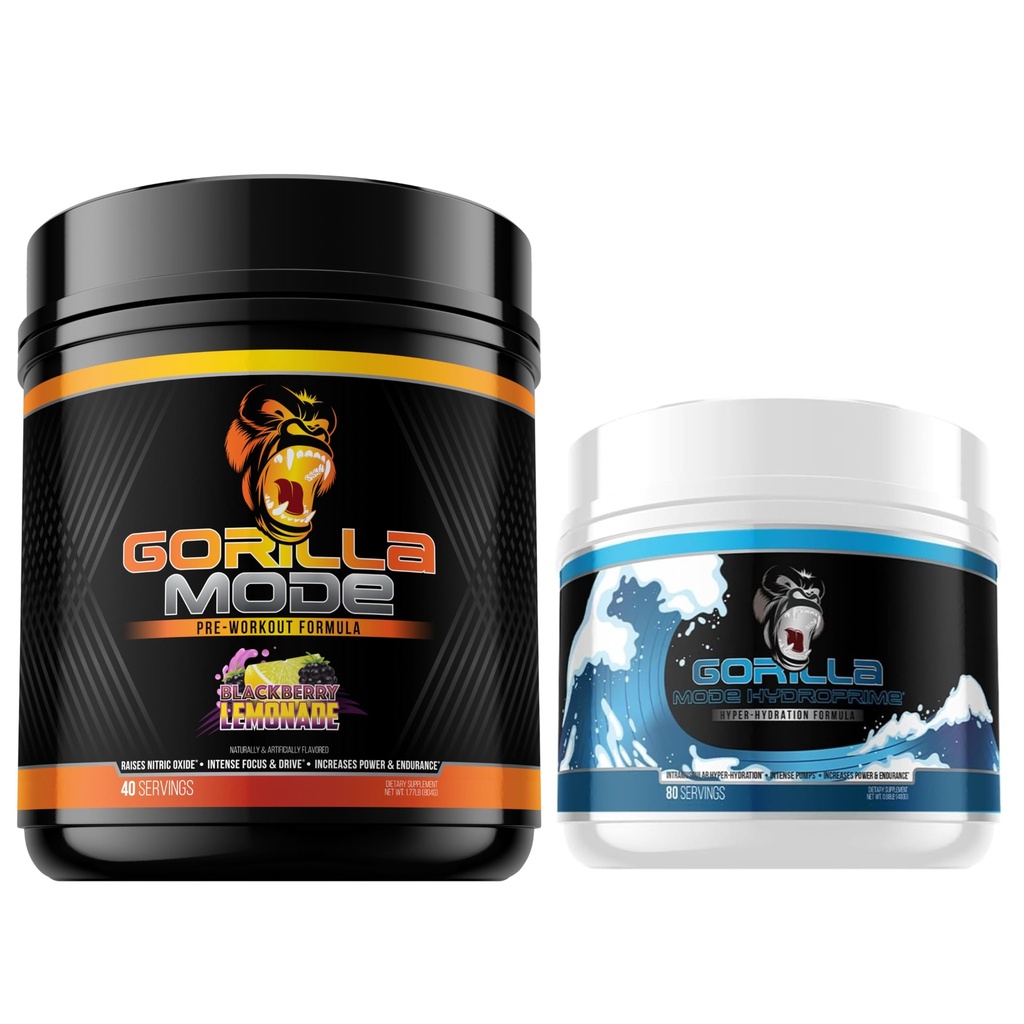 Gorilla Mode Pre Workout (BlackBerry Lemonade) + HydroPrime Glycerol Pre Workout - 超高速、泵、动力、耐力和热调节的综合堆积