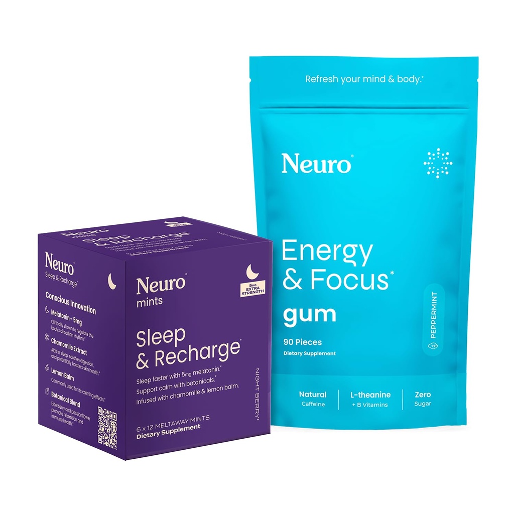 神经能和睡眠包 – 能量和焦点胶(Peppermint, 90 Counter) + Melatonin 5mg 睡眠和再充电薄荷(Night Berry, 72 pieces) – 白天焦点和夜间休息支持