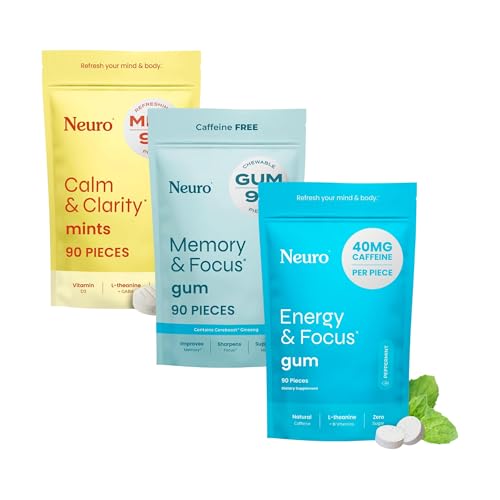 神经聚焦和平静 认知包 – 能量和焦点 Nootropic Gum(90), Calm & Clarity 压力支持薄荷(90)和记忆和焦点 Nootropic Gum(90)
