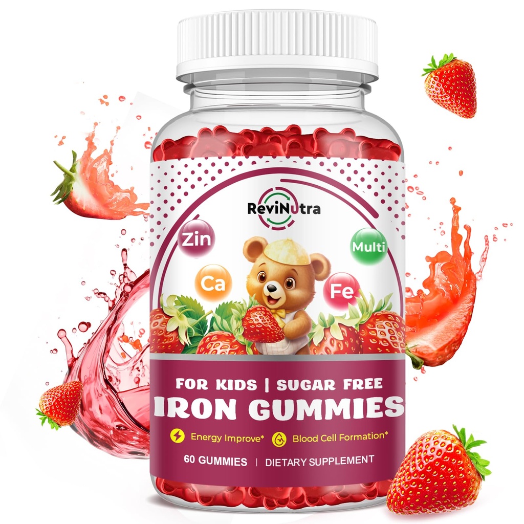 铁辅料Gummys for Kids - 与钙,锌,Kids Multivitamin with Iron Gummys - 免疫支持,造血者和能量支持 铁缺乏症,贫血,维冈 - 60 Counter