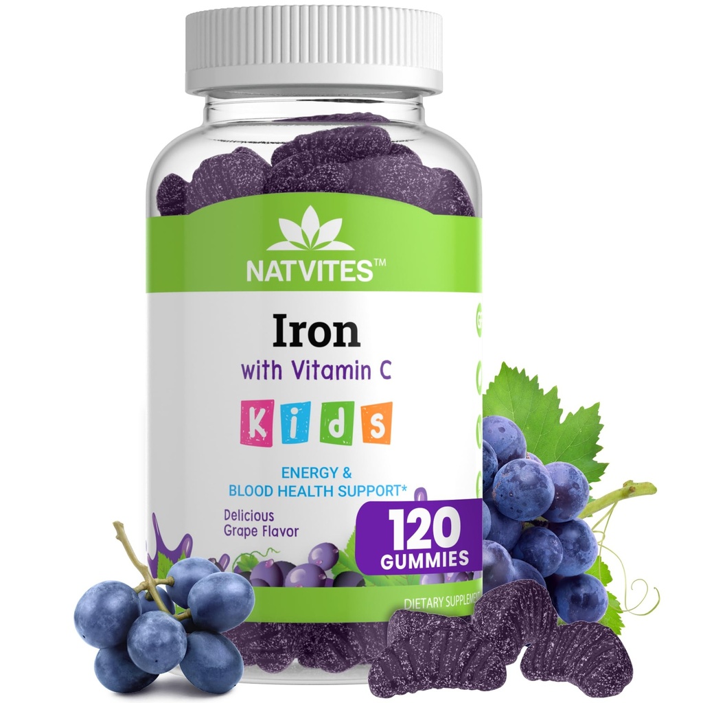 配有维生素C的儿童铁胶(英语:Kids Iron Gummys with Vitamin C) - 美味葡萄火焰 - 能量与血液健康支持 - Gluten Free-NOMO Vegetarian儿童铁补品 儿童与托德勒斯年龄2+(120个计数)