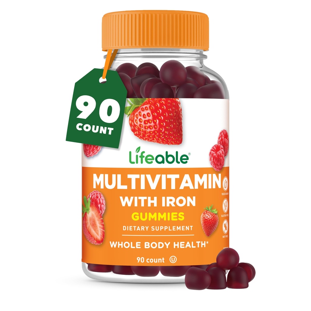 Lifeable Multivitamin with Iron for Adult | 13 Essential Vitamins and Minerals for Men and Women | Great Tasting Naturally Sourced Berry Flavor | Vegetarian Non-GMO | 90 Gummies