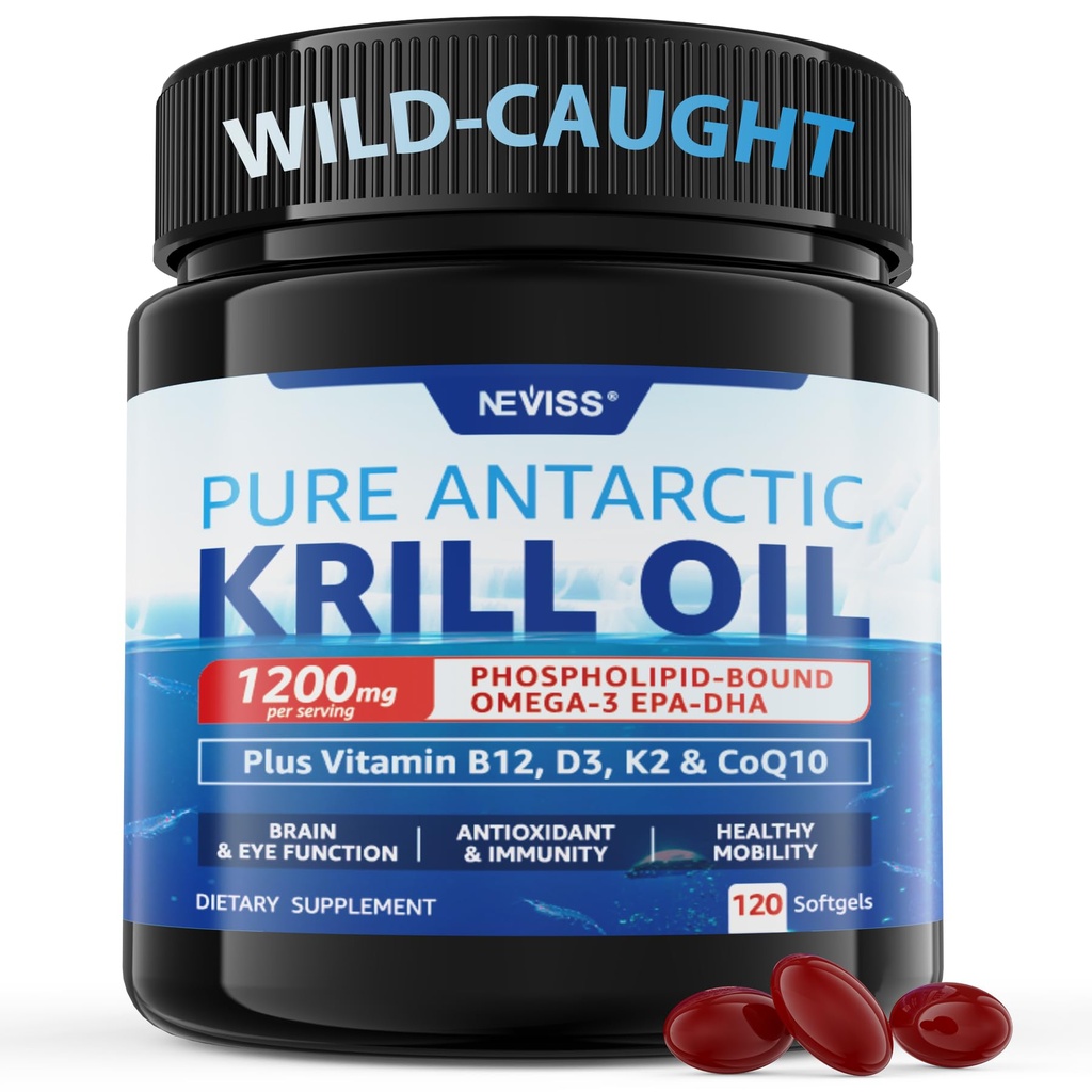 南极磷虾油 1200 mg Omega 3 补充剂,Omega 3 Krill Oil Softgels w/EPA, DHA, Astaxanthin & Phospolipids for Brain & Antioxidant, 可持续源头,无鱼味余味,120 软胶