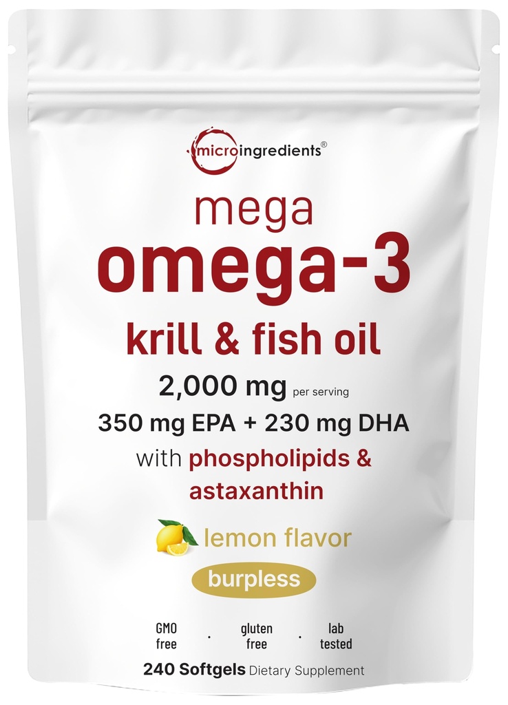 Mega Omega-3 Krill & Fish Oil 2000mg 等效,240软胶 → Lemon Flavored → Burpless → 基本脂肪酸 & Astaxanthin → EPA 350mg + DHA 230mg + 心脏和大脑补充剂