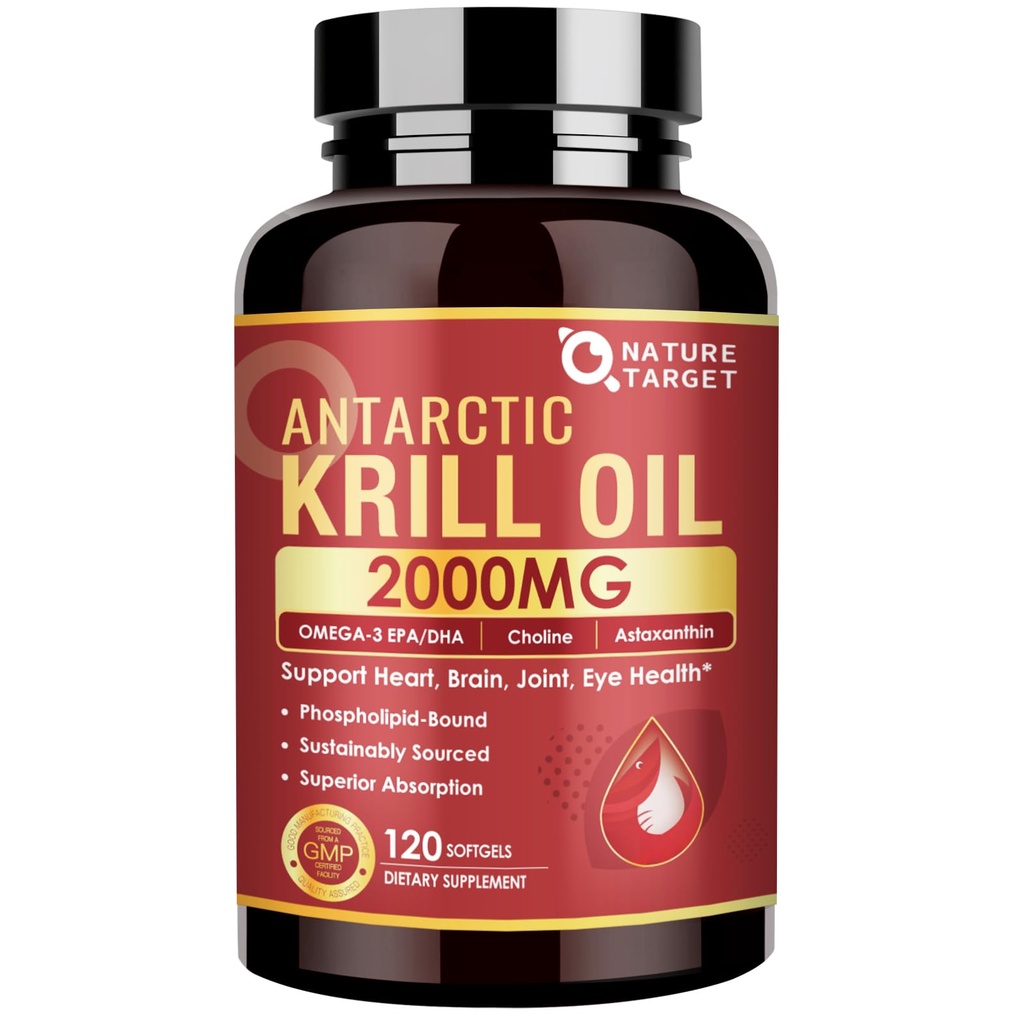 NATURE TARGET KRIL Oil 2000 mg 配Omega-3 EPA & DHA 配Astaxanthin 补充,Choline - 支持心脏,大脑,加入,眼部健康,非GMO,Gluten Free,120 Softgels (60 services)