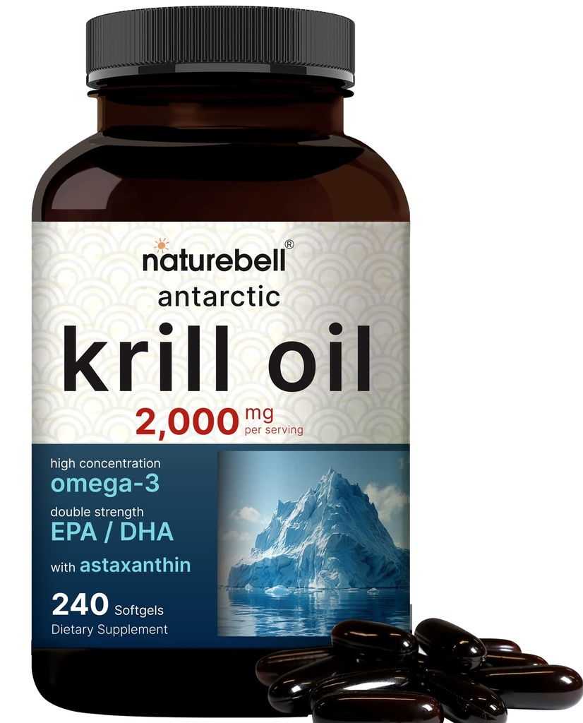 NatureBell南极Krill Oil 2000mg Supplement, 240 Softgels, 3X 强力Omega-3的自然来源, EPA 240mg + DHA 160mg + Astaxanthin 800mcg – no Fishy Aftertaste – 水星无水星与非GMO
