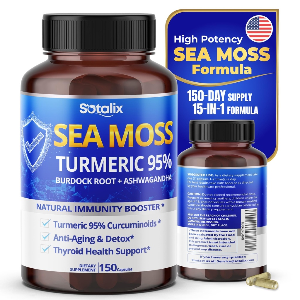 Sotalix Sea Moss Capsule with Ashwagandha, Burdock Root, Bladderwrack, Turmeric - 强大的自然豁免促进器 - 美国制造(150个计数(一包))