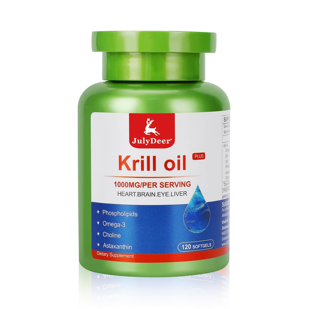 7月 Deer Krill Oil 1000毫克,配有Omega-3s EPA、DHA、Astaxanthin和磷脂120 Softgels补编、南极Krill No Fishy Aftertaste用于联合、心脏、大脑和豁免