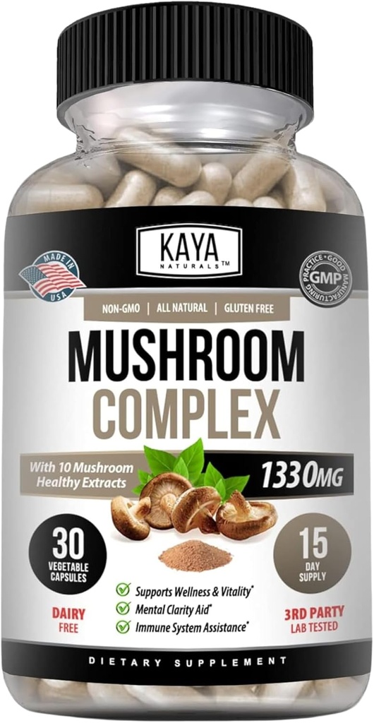 Kaya Naturals Premium Mushroom Complex Potent - Mushroom Complex Capsules 1995mg Per service - Aids 精神清晰支持免疫系统,健康与生命力 QQ-30 Counter