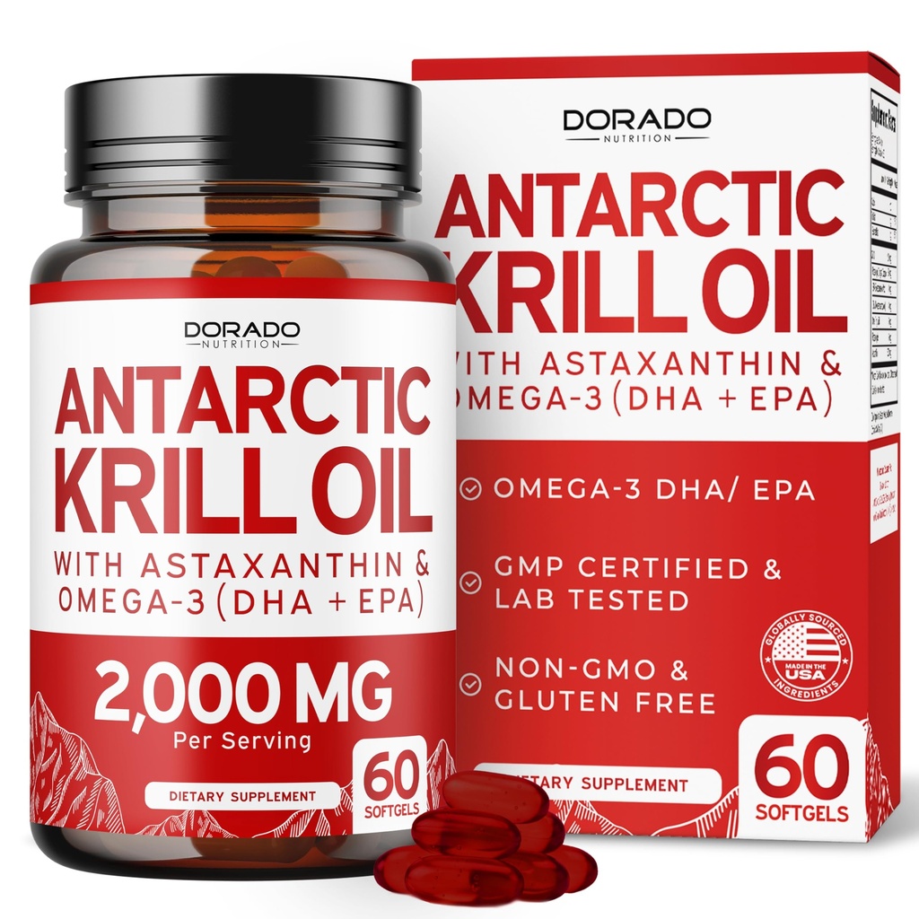 南极磷脂油补充剂(2000mg per service,60 Softgels) 磷脂油 Omega 3 配有环保局、DHA & Astaxanthin – 成人磷脂椒 - 第三方测试、非GMO和美国制造