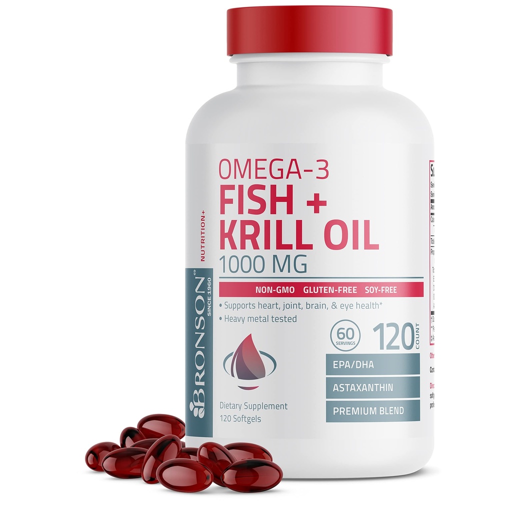 Bronson Omega-3 Fish + Krill Oil 1000 MG EPA DHA Astaxanthin Premium Blend - 联合,脑和眼健康 - 非转基因生物,重金属试验,120软胶