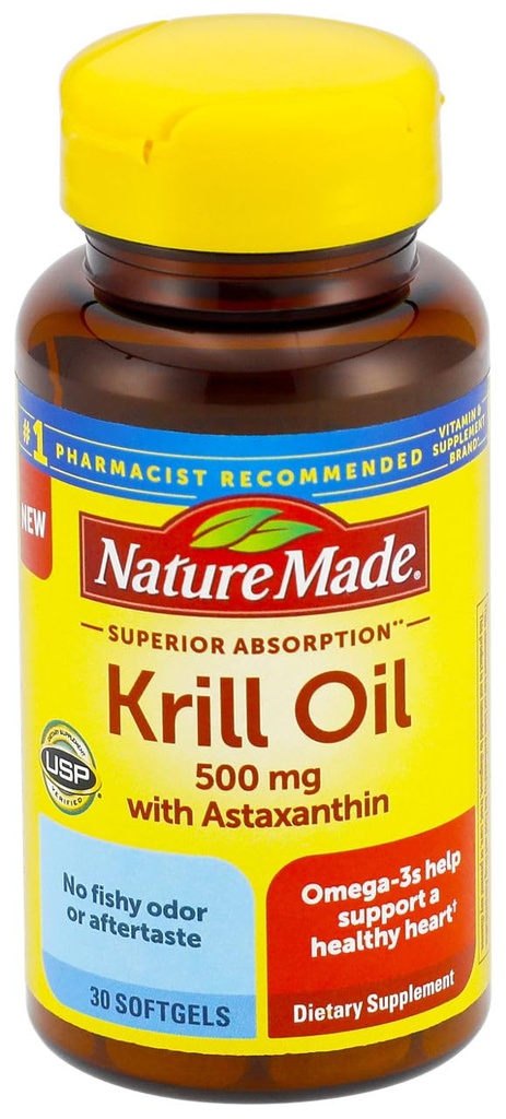 Nature Made, 高级吸收 Krill Oil 500mg 与 Omega 3 Softgels, 30 Counter