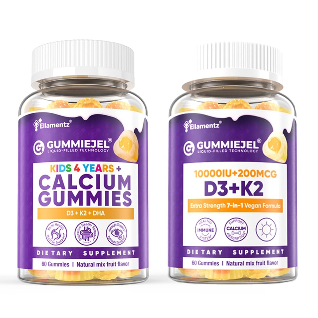 1 Pack Kids Calcium Gummys + 1 Pack D3 K2 Gummys Vitamin D3 1000 IU + K2(MK7) 120 mcg