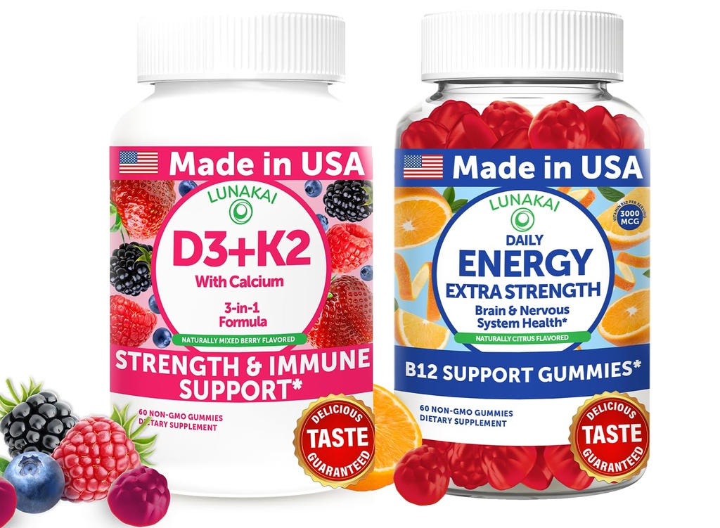 Lunakai USA 制造D3+K2 与钙和能源 B12 Gummys Bundle – Vegan, Non-GMO – 60 Gummys 每架