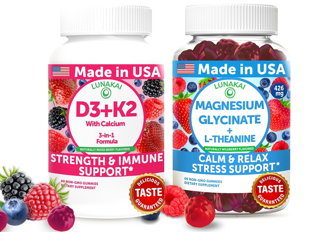 Lunakai 美国制造了D3+K2 配有钙和镁的甘油 + L-Thenine Gummys Bundle – 60 非GMO Gummys 每人