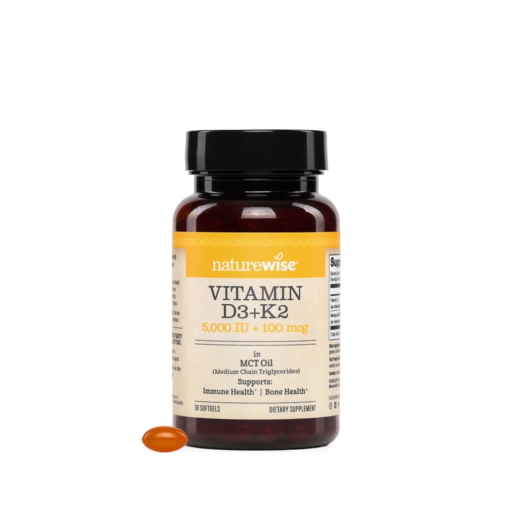 NatureWise Vegan Vitamin D3 + K2 with Organic Coconut MCT Oil - Natural D3 5000IU + Natural K2 100mcg - High Absorption Bone Support - Soy & Gluten Free - USA Manufactured - 30 Softgels[30-Day Supply]