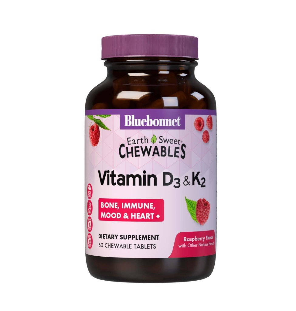 Bluebonnet 营养 维生素 D3 & K2 EarthSweet Chewable 片,用于Imune,Mood & Heart Health *,无豆,Gluten-Free,非GMO,Kosher乳房,60 Raspberry Flavor Chewable 片,60个服务