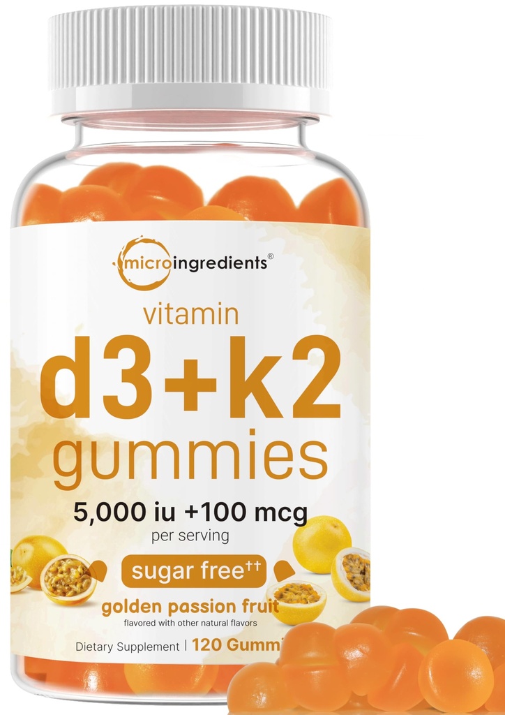微成份 维生素 D3 K2 Gummys,120 Counter 5000 IU Vitamin D + 100 mcg K2 MK-7 → Bone, Immune & Heart Health Supposes * → 糖自由金传果 Flavor → 非GMO, Gluten Free