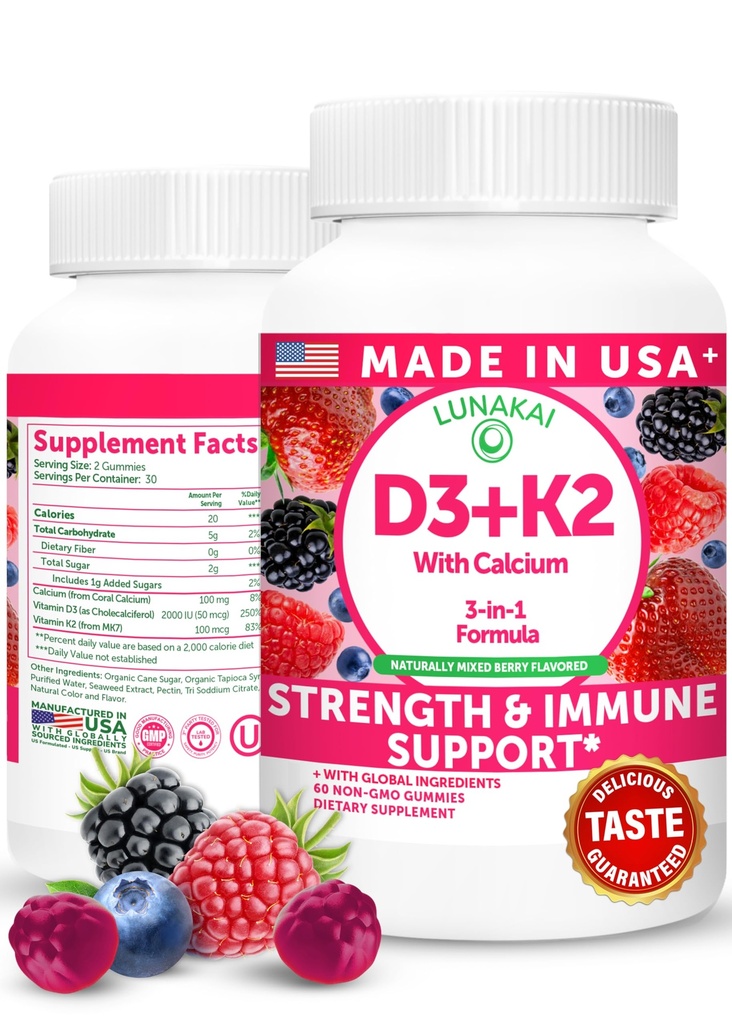 Lunakai USA 制造维生素D3 K2 Gummys with Calcium – 3-in-1 Daily Vegan 妇女、男子和儿童骨骼和免疫支持补充品,60ct