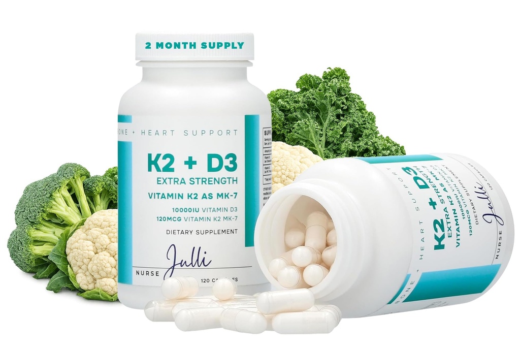 维生素K2 + D3 外加强度补充剂 -- -- 120个Capsules,用于骨骼和心脏健康支持 -- -- 用于钙吸收和免疫功能的基本营养剂