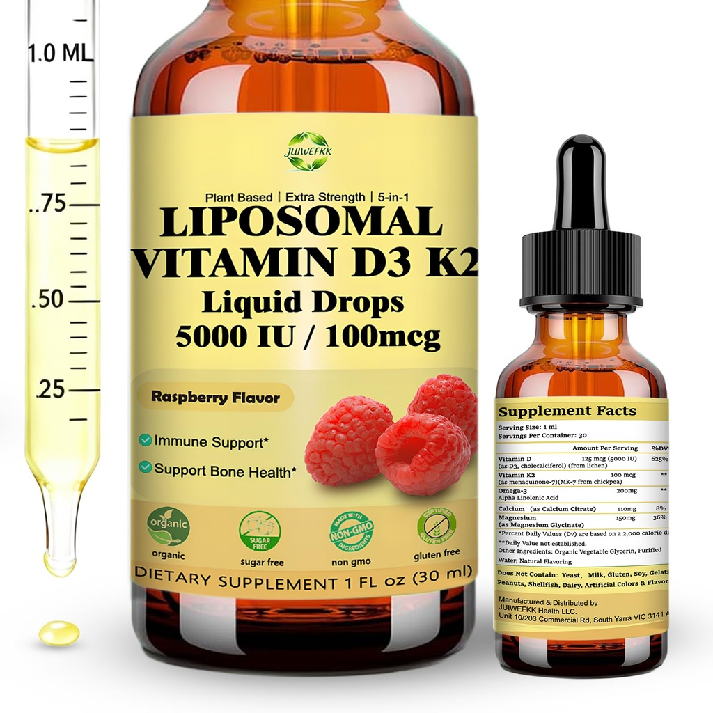 液化维生素 D3 K2 与钙镁 Omega3,高能 5-in-1 D3 K2 维生素 5000 IU 补充 骨质健康,心牙和Immue,超高吸收 liposomal D3K2 工厂