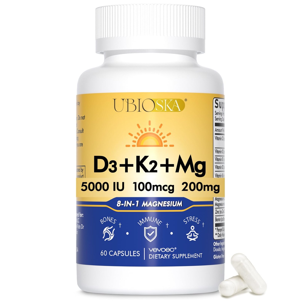 UBIOSKA 维生素 D3 K2 镁补充剂 — 5,000 IU D3 + MK-7 K2 配以 8-Form 镁(甘油,陶拉特,玛拉特),用于镇静睡眠,应激缓解,Mood平衡和坚固骨头 — 60 Capsules