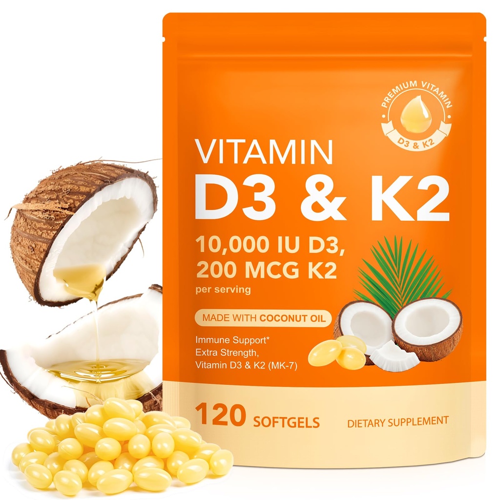 维生素D3 K2,D3 K2 维生素1000 iu 配有椰油软胶,2 in 1 Formula 200 mcg (MK-7) 复合软胶支持钙吸收,Immune, Bone Health D3 K2 维生素 - 120 软胶