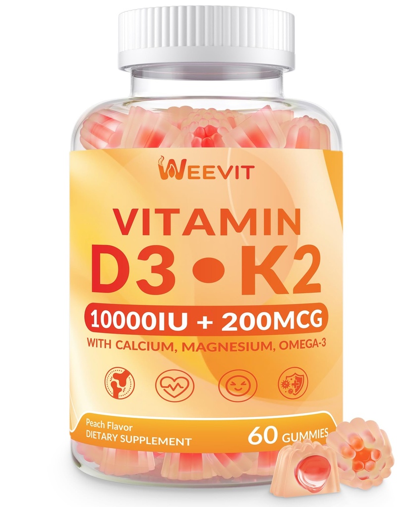 WEEVIT 维生素 D3 K2 Gummys,无糖维生素 D3 K2 w/钙,镁,Omega-3,维生素 C,B12,K2 D3 补充