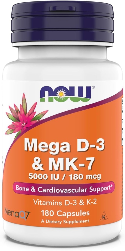现在的补编,Mega D-3 & MK-7, 5000 IU / 180 mcg, Bone & 心血管支持 *,维生素 K-3 & K-2, 180 Capsules