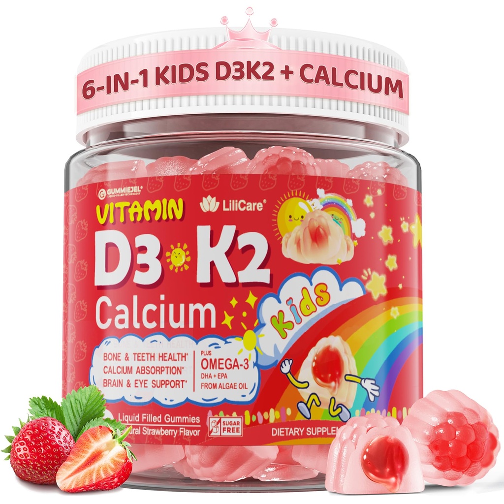 维生素D3 K2 + 儿童与青少年的含钙液体胶体,1000IU / 2000IU D3 配有镁,Algal Omega 3, 骨与牙齿的维生素,钙吸收,脑,免疫,无糖,60Ct