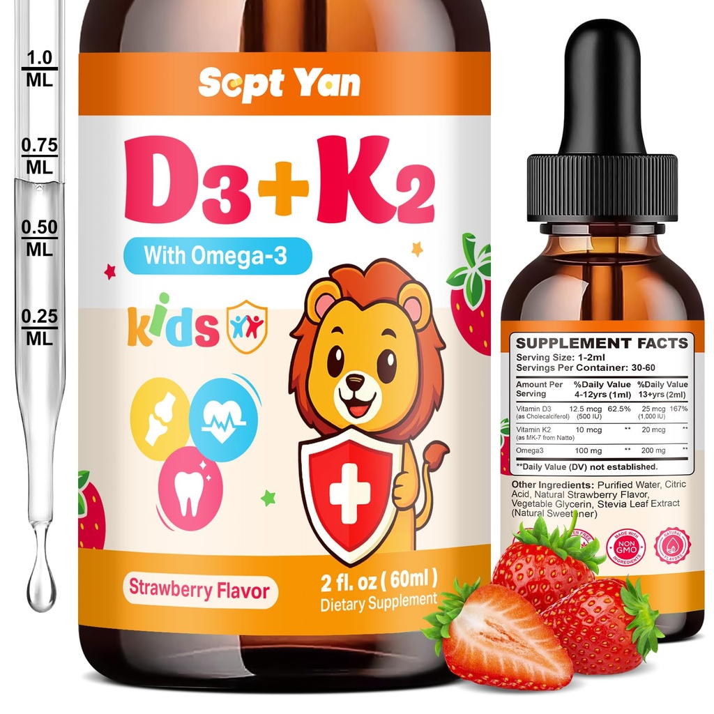 儿童维生素 D3 K2 滴水 - K2 D3 维生素补充1000 IU 配Omega 3,支持骨,Mood,牙齿和Immune - 维生素 D3 K2 (MK-7) 成人和孩子液体滴水 糖无草莓 Flavor 2 FL OZ