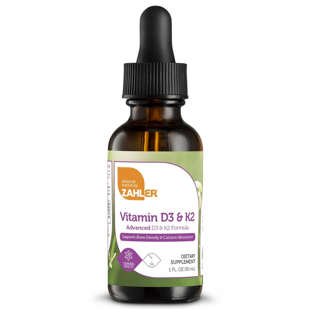 Zahler Vitamin D3 K2 Drops,液态D3配K2,维生素D的1000IU和每服1000mcg的K2,支持骨密度和钙Absoprtion,1Fl Oz.