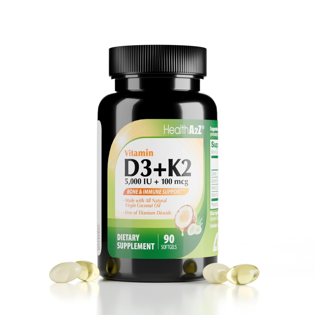 HealthA2Z® 维生素D3(5,000 IU)+ K2(MK-7) 用维尔京椰油(天然MCTs)制成 - 90 Softgels (Pack of 1) - 帮助钙吸收骨头、牙齿、毛和免疫健康