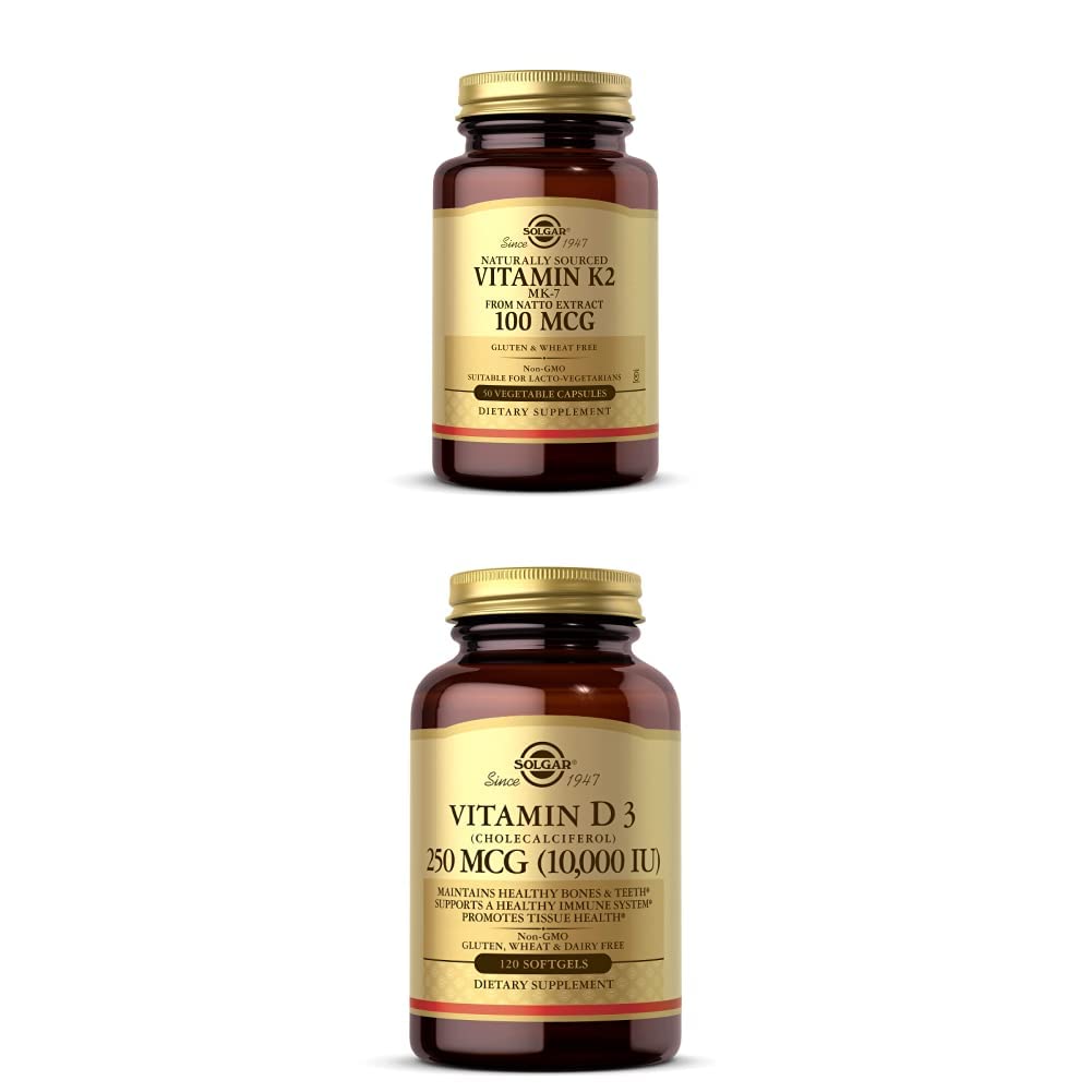 Solgar维生素K2(MK-7)100mcg,50个蔬菜卡普尔 - 支持骨质健康维生素D3(Cholecalciferol) 250 MCG(10,000 IU),120 软胶 - 免疫系统支持