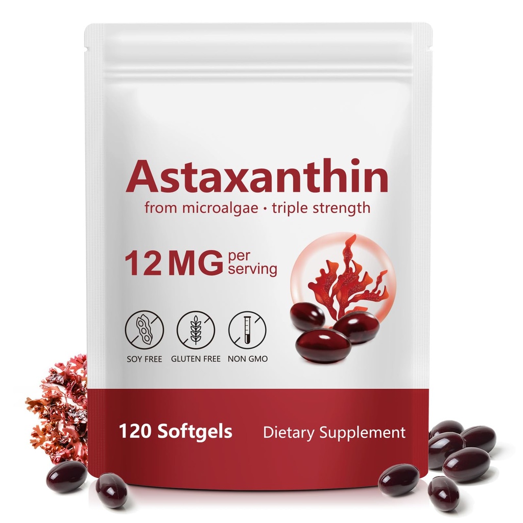 Xaarty Premium Astaxanthin 12mg, 天然抗氧化剂补充眼, 联合,皮肤健康, Microalgae Source, 4个月供应QQ支持内部循环, 120软胶