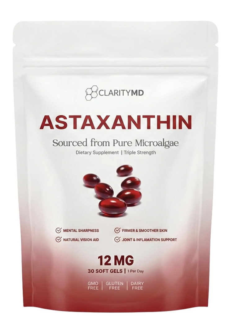 Astaxanthin 12mg 抗氧化剂补充剂 – 天然微藻源 – Lipid基软胶用于增强吸收 – 认知,视觉和联合支持 – 30 Softgels (Pack of 1)