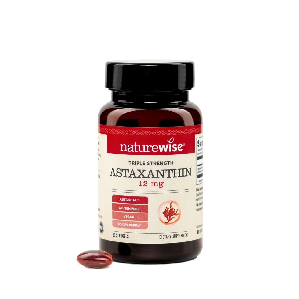NatureWise Triple Struge Astaxanthin 12 mg 配有 AstaReal → - Vegan 抗氧化剂 配有有机椰油的辅料 - NSF 认证的 Gluten 免费,非 GMO - 60 Softgels [60日供应]
