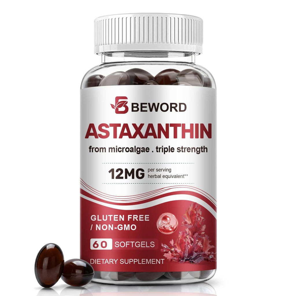 BEWORD Astaxanthin 12mg with MCT Oil, 60/120 Softgels 2-Month Supplement → Premium 抗氧化剂补充 → 天然微藻,三强 → 支持皮肤和眼部健康 → → 非GMO, Gluten & Soy-free